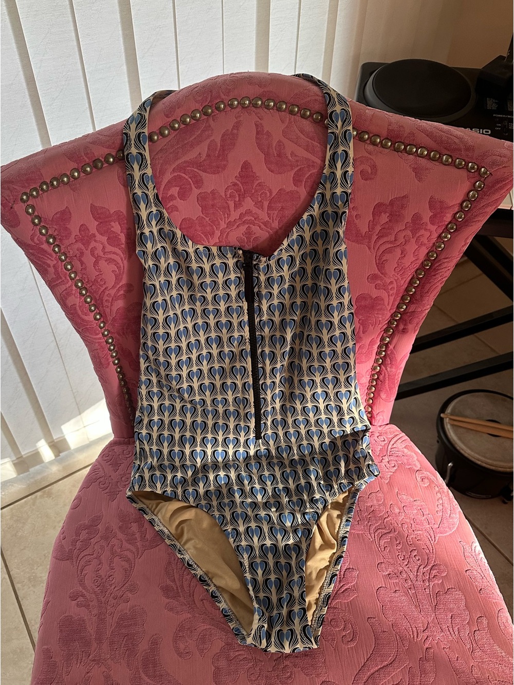 J Crew Blue & Cream Patterned One-Piece Swimsuit size 2